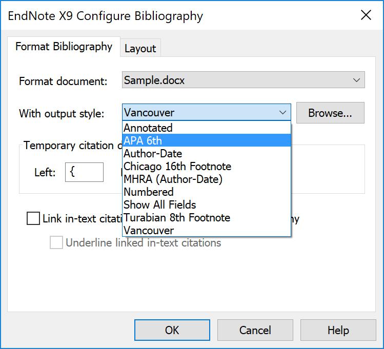 EndNote X9 Guided Tour: Windows Page 35 of 41 b. Click the Layout tab to show different layout options for the bibliography.