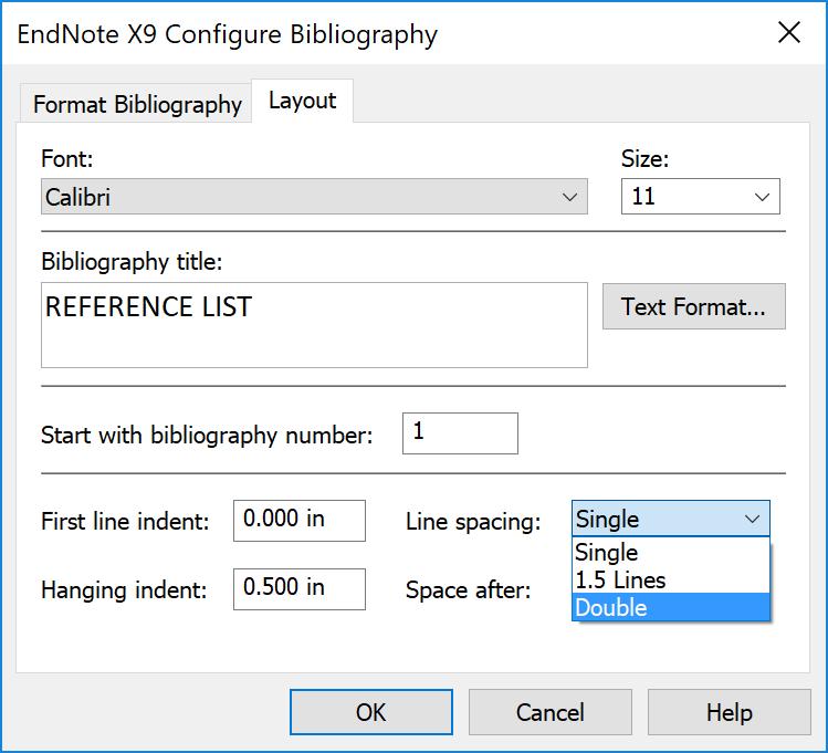 Type the text REFERENCE LIST in the Bibliography title field to create a title above the bibliography.