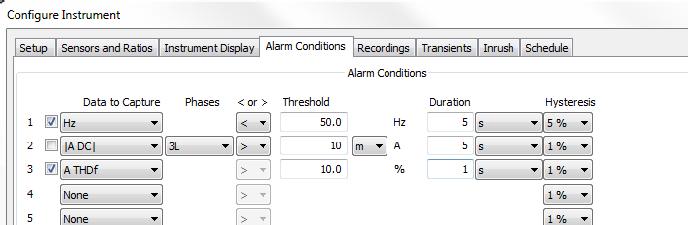For instance, suppose we complete this tab as follows: In the preceding example, we have set the first alarm for frequency (Hz). The checkmark to the left indicates this alarm is enabled.