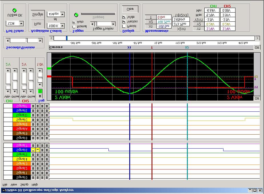2.3.7 Measurements and Cursors The main reason for using an oscilloscope or logic analyzer is to measure the various parts of a waveform. The USBee DX uses cursors to help in these measurements.