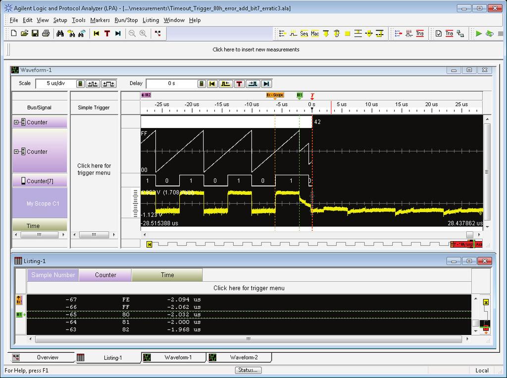 Helpful triggers a timeout trigger example (continued) A logic analyzer capture of the counter circuit experiencing the anomaly can be seen in Figure 11.