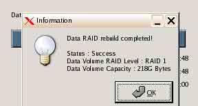 6 Click [OK]. RAID reconstruction for data volume and full system restoration begins. This process can take up to about 5 hours. A progress bar appears during the process.