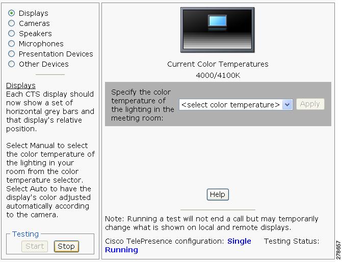 Chapter 7 Troubleshooting the CTS 1100 Managing CTS 1100 Hardware Setup Figure 7-2 Color Temperature Test Screen Step 5 Step 6 Select the color temperature of the lighting in the meeting room from