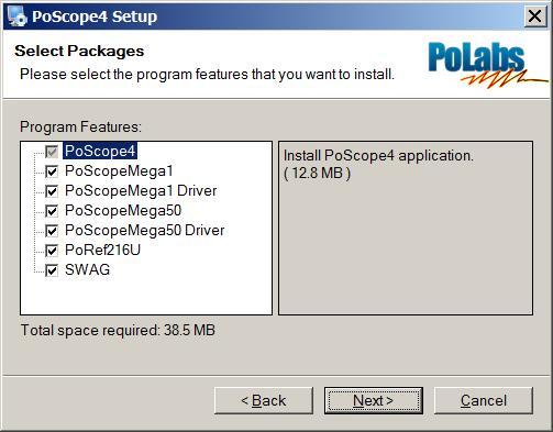 4 Package selection window lets you choose which program features to install.