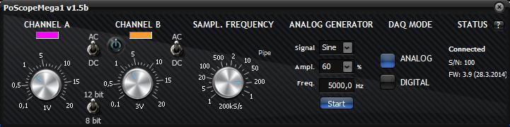 After expanding the timebase you will get far better graphical presentation of the observed signal. To view the controls of the device, you have to click the device buttons area of the GUI.