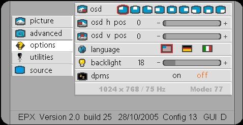 Easy Pixel EPX-Board Page GUI organisation with RGB graphic inputs Menu Picture - Brightness : adjusts the brightness - Contrast : adjusts the contrast - H position : adjusts the horizontal image