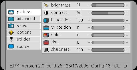 Easy Pixel EPX-Board Page GUI organisation with VIDEO inputs Menu Picture - Brightness : adjusts the brightness - Contrast : adjusts the contrast - H position : adjusts the horizontal image shift - V