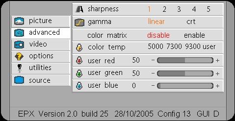 adjusts the image definition - Gamma : sets the range correction between linear and CRT - Color matrix : enables or disables the possibility of changing the colour temperature - Color temp : adjusts