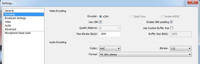 1.3.2 Encoder settings 1.3.2.1 Video encoding Use CBR This will set x264 to use constant bitrate rather than variable bitrate.