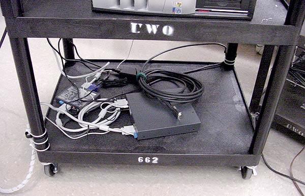 Connecting a laptop or roll-around computer On the bottom of the cart with the computer is a VGA and audio cable to connect