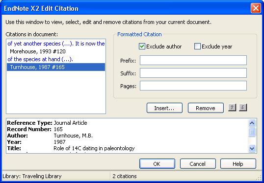 22 The Edit Citation window appears. To remove the author from the highlighted citation, tick the box next to Exclude author.