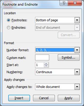 On the References tab in Word, click the diagonal arrow within the Footnotes group and make the following selections and click Apply. If Apply is greyed out, click Cancel. 4.
