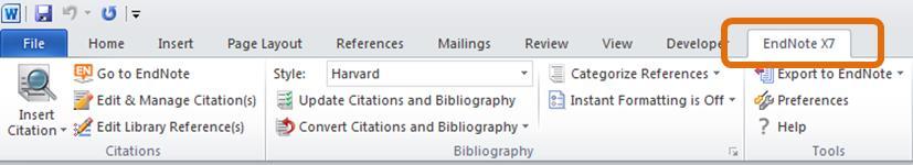 References in Word The EndNote Toolbar in Word 2010 Activating the EndNote options An EndNote X7 tab will appear in the top menu of Word, simply