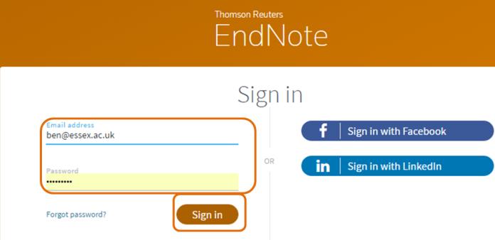 Step 8: Sign in to EndNote online by clicking on EndNote in the top menu bar and then type in your