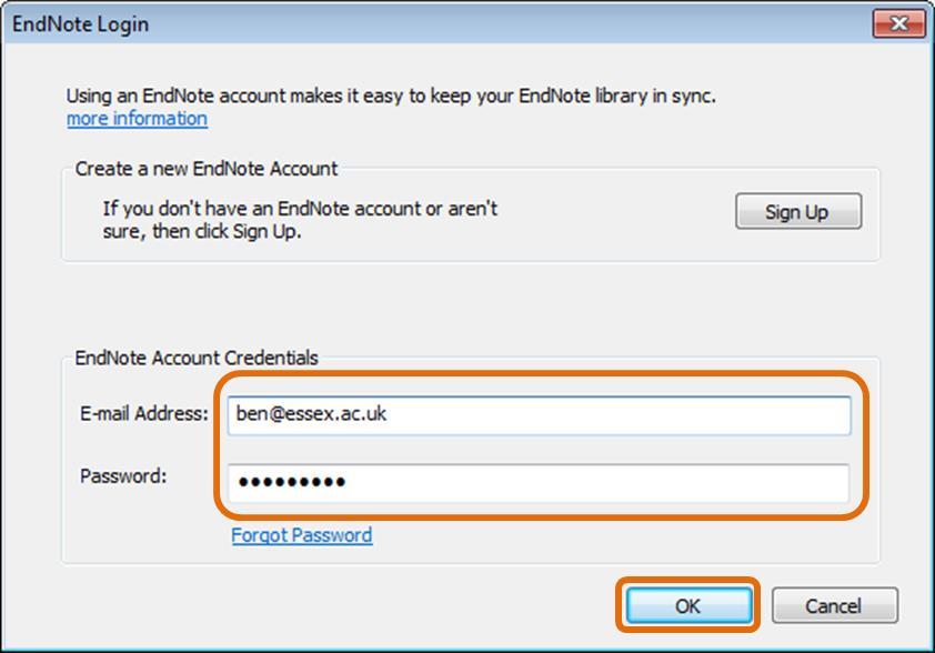 Step 2: Enter your University of Essex email address and your EndNote online password then click OK.