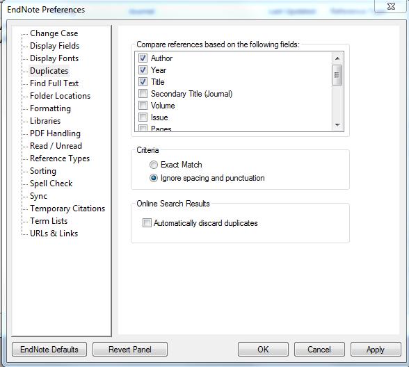 To change how Endnote finds duplicates go to the Edit menu and select Preferences then Duplicates as below.