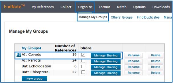 - Mark the Share box for the group you want to share, as shown above.