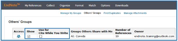 - If the user the group was shared with selects Others Groups from their Organize tab, they will see