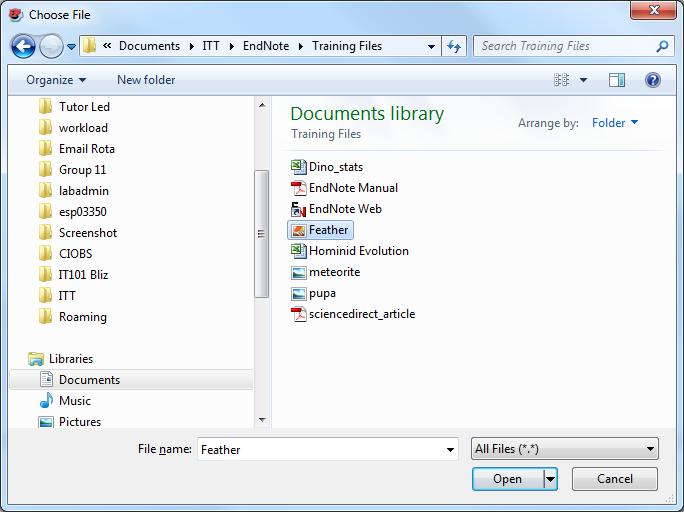 EndNote X7 Tutor Led Manual v1.7 7. Select the Open button. Navigate to where the file is stored Image file Open button 8.