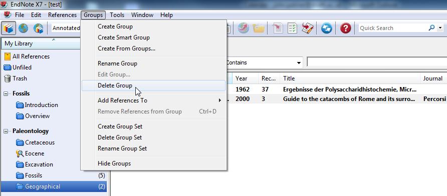 Tutor Led Manual v1.7 EndNote X7 DELETING A GROUP 1. Select the group to be deleted in the Group pane of the Library window. 2.