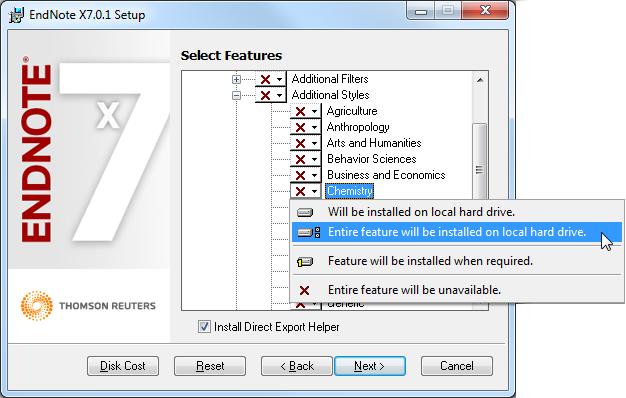 EndNote X7 Tutor Led Manual v1.7 10. Choose the additional categories of styles that you would like to install and select Entire Feature will be installed on local hard drive.