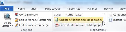 This command is also used to format a paper in a different bibliographic style. 1. Select the EndNote X7 tab on the Word ribbon. 2. Select the Update Citations and Bibliography button.