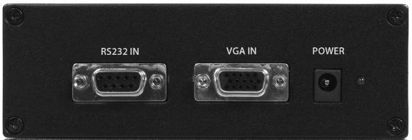 The signal source (VGA and/or Serial) is connected to a Transmitter unit, which transmits the signal to the Receiver unit, up to 300m away.
