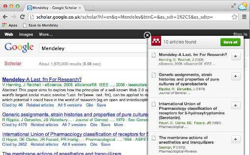 Using the Web Importer Click Save to Mendeley to import references from your