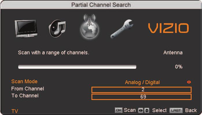 4.4.3 Partial Channel Search If you believe channels are missed from the auto search, you can do a partial channel search to look for channel in a certain channel range again.