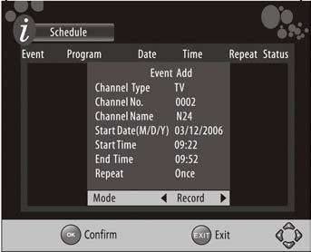 6.3 Scheduled Recording and Channel Change You can schedule programs for recording when a USB device is connected to the USB socket on the front panel, or schedule an automatic channel change at a
