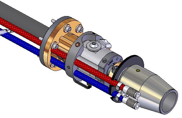 Pull the red and blue water lines through the Flange-Cable Connector and Cover Mounting Ring as shown.