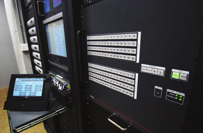Above: The 64x64 Extron Cat-5 switcher, which routes any signal from any source to any combination of displays and sound systems in the facility.