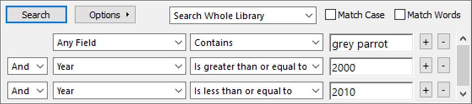 EndNote X8 Guided Tour: Windows Page 34 6. Set the third field to Year and enter 2010 as the second search term. The comparison drop-down list in the middle should be set to Is less than or equal to.