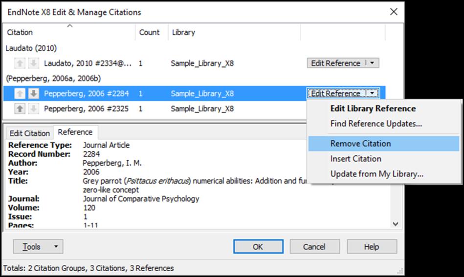 EndNote X8 Guided Tour: Windows Page 44 This is the safest method for removing a reference from a document because it removes all the hidden coding.