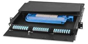 Termination density of Signamax Premium Rack-Mount Optical Fiber Enclosures ranges between 6 and 288 fiber connections depending on the enclosure size (1, 2, 3, or 4 RMS), number of adapter plates