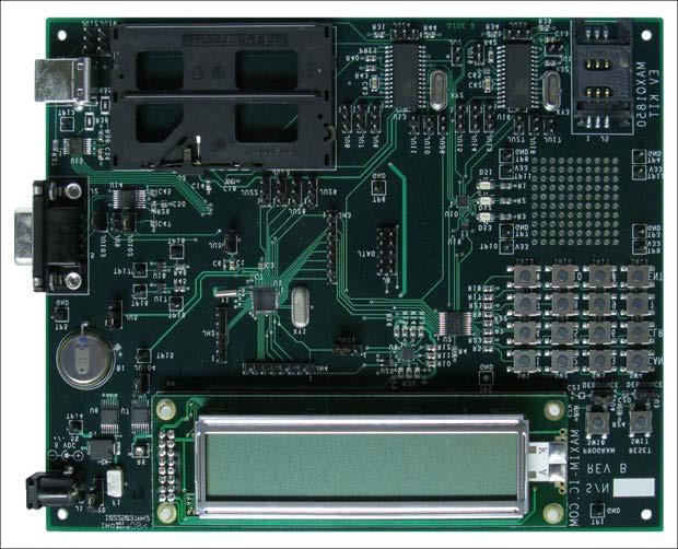 Note: Rev C kits come with a 1000mA supply. More detailed image (PDF, 5.6MB) Figure 1. MAXQ1850-KIT board (Rev B). The MAXQ1850-KIT board has a number of jumpers to configure.