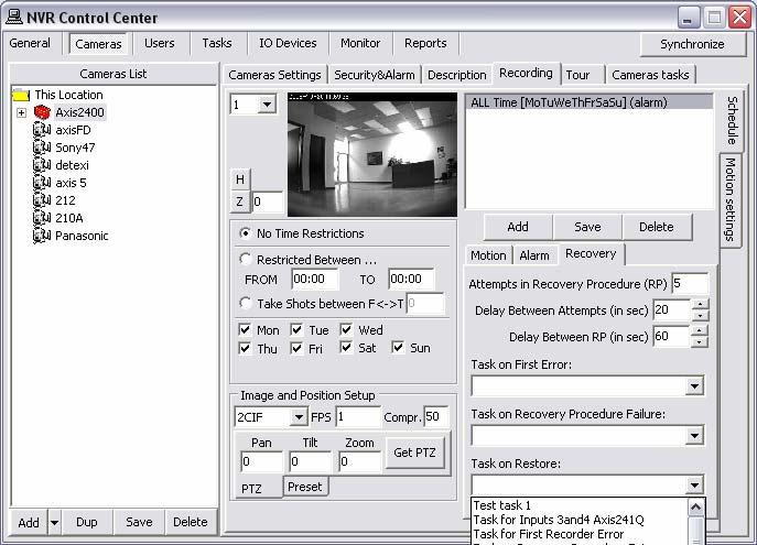 Setup Recovery Procedure in a camera recording schedule Another method to deal with IP-devices errors is to setup Recovery Procedure inside a camera recording schedule.