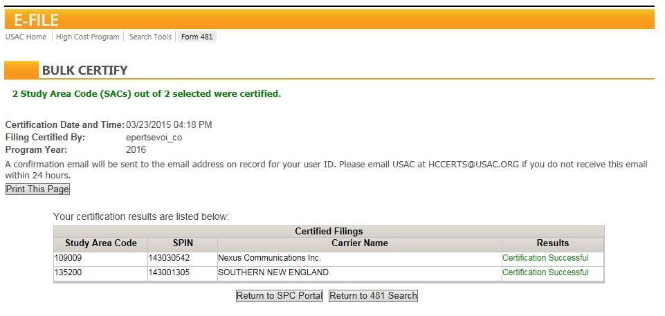 Bulk Certification The screen above will appear and a confirmation email will be sent to you Print button is