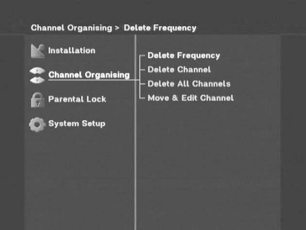 2. Channel Organising The Channel Organising menu has four functions: The Channel Organising menu is used to delete the Frequencies and Channels or move&edit channel as you want. Enter the PIN Code.