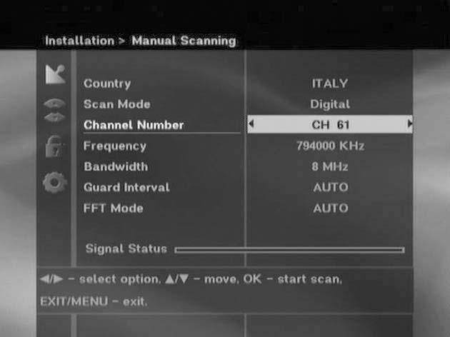 1.1 Select Country 1.3 Manual Scanning To tune-in new channels, the STB has been provided with the option Select Country. Select the country where broadcasting services are provided.