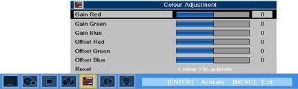User Controls Colour Adjustment Select the colour with or and adjust with or to change Red, Green, or Blue for