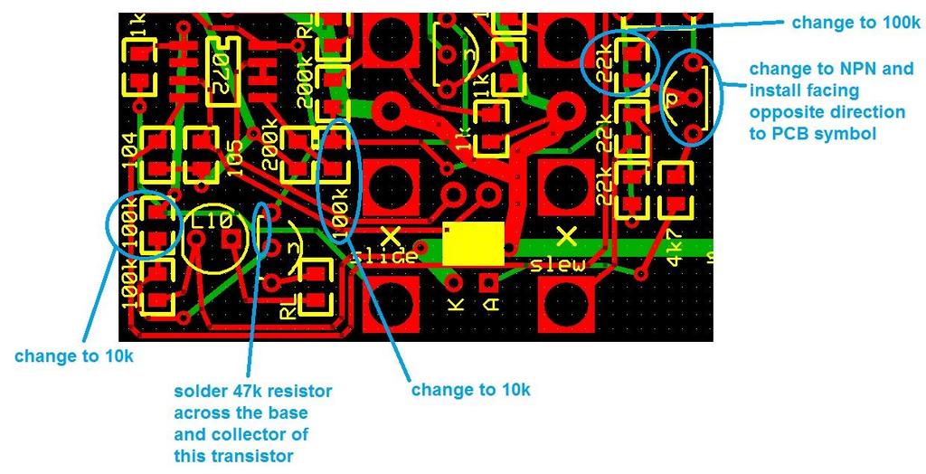 KLUDGES The Slew sub-circuit of the Logic module needs 5 fixes. See the diagram below.