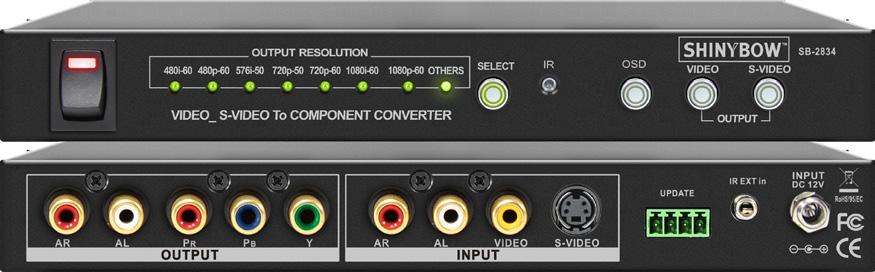 SB-2834 Video S-Video To Component Converter VIDEO S-VIDEO COMPONENT Input : 1x S-Vidoe, 1x Composite Video, 1x Stereo (AR/AL) Output : 1x Component Video, 1x Stereo (AR/AL) RX Switch Control