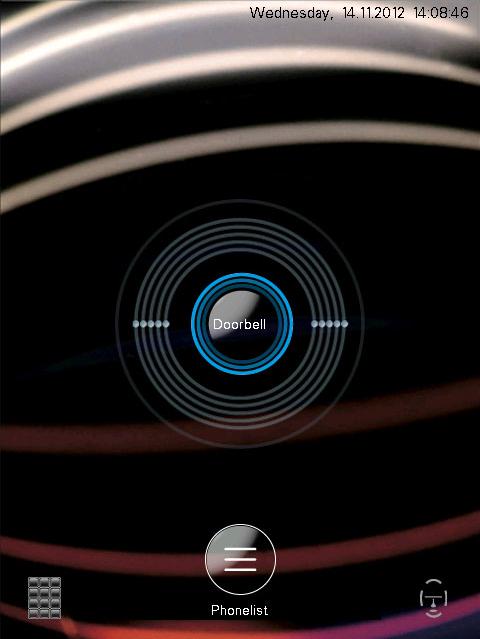 The home screen of the device shows in the middle of the screen one symbolized ring button, which can be individually labeled.