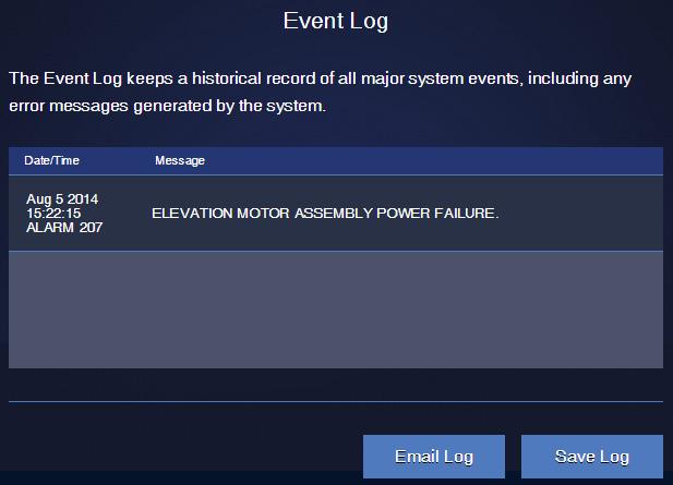 Troubleshooting Event Log The Event Log keeps a historical record of all major system events, including any error messages the antenna system generates.