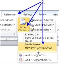 INSERTING A CITATION ALREADY USED IN THE DOCUMENT Each time you use one of these references in your body you can click on the Insert Citation button and select the appropriate source from there.