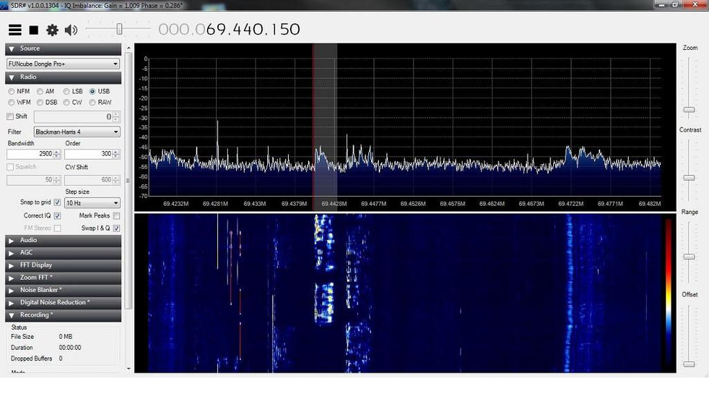 Fig 9 SDR display with PAT connected as IF Panoramic Adaptor In Fig 9, the bandwidth of the display is limited by the SDR in this case, it is showing about 60kHz of the 40m band, roughly centred on