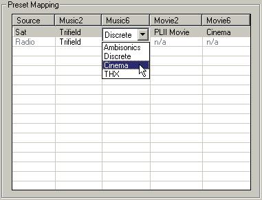 6 0 M e r i d i a n C o n f i g u r a t i o n P r o g r a m Changing the preset mapping The Preset Mapping pane shows the default DSP preset selected for each