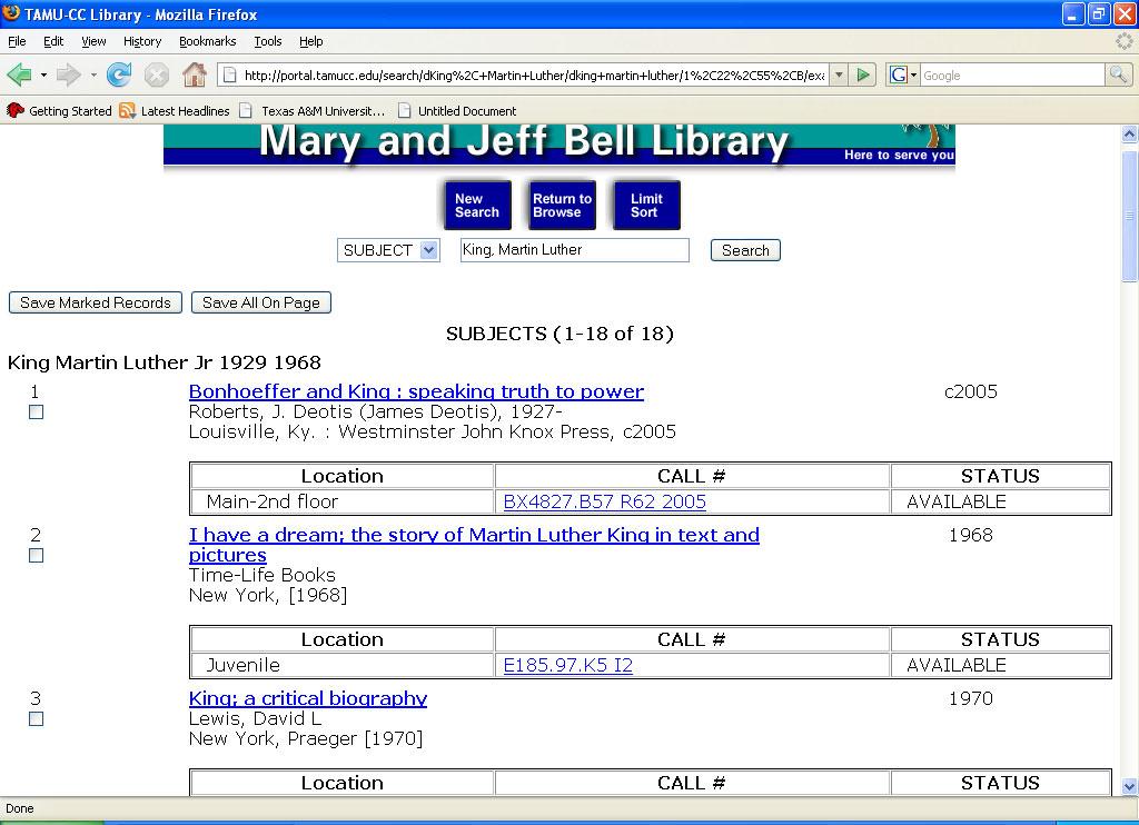 Portal Online Catalog On this page, we see records of items that have become up by Subject.