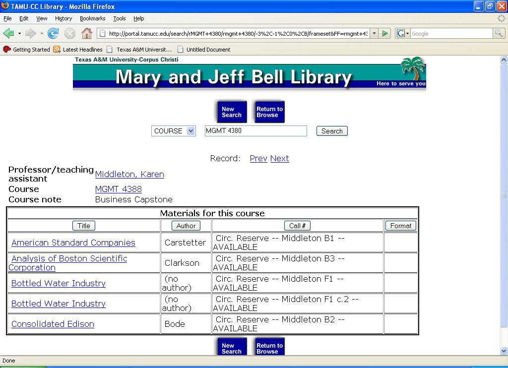 Portal Online Catalog One can search for Course Reserves either by Course Name or